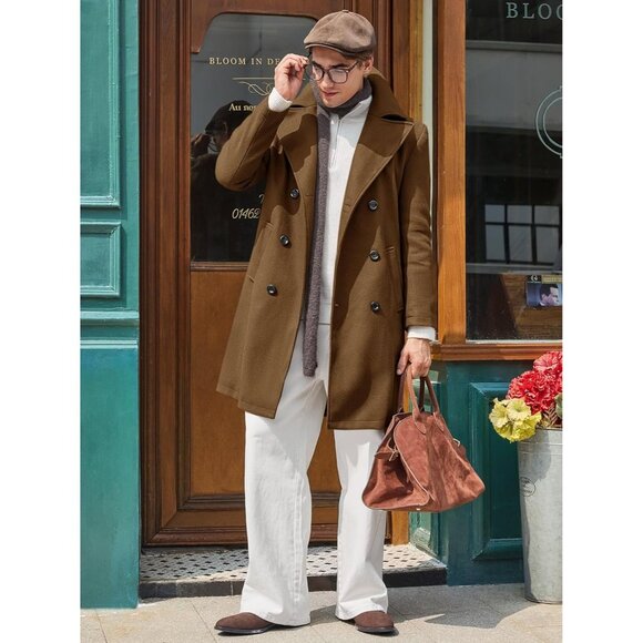 Men's Brown Double Breasted Trench Coat Collar Business Winter Long Coats - Picture 5 of 5